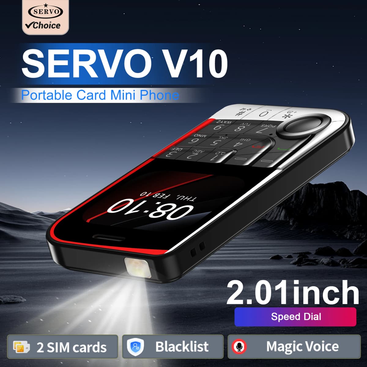 SERVO V10 2 SIM Card Small Mobile Phone Speed Dial Blacklist Flashlight Magic Voice 2.01" Display 2G GSM Button Cellphone Type-C