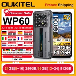 OUKITEL Rugged Phone WP60 5G 24GB(8+16) 256GB / 36GB(12+24) 512GB 7.2” HD+ 120Hz Smartphone 10000mAh 108MP Android 15 NFC