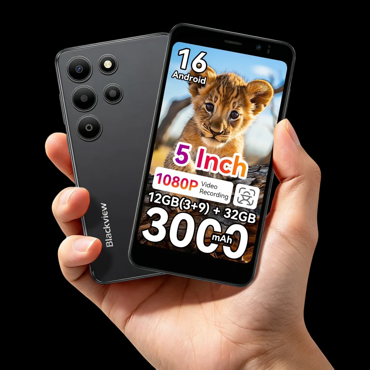 Blackview WAVE 2C Mini Palm Smartphone, 12GB Expand RAM(3GB Physical+9GB Virtual RAM) 32GB ROM, 5 Inch Small Screen, 3000mAh Battery, 1080P Video Recording, Android 16, Face Unlock, Google Lens, Free Soft TPU Protective Case