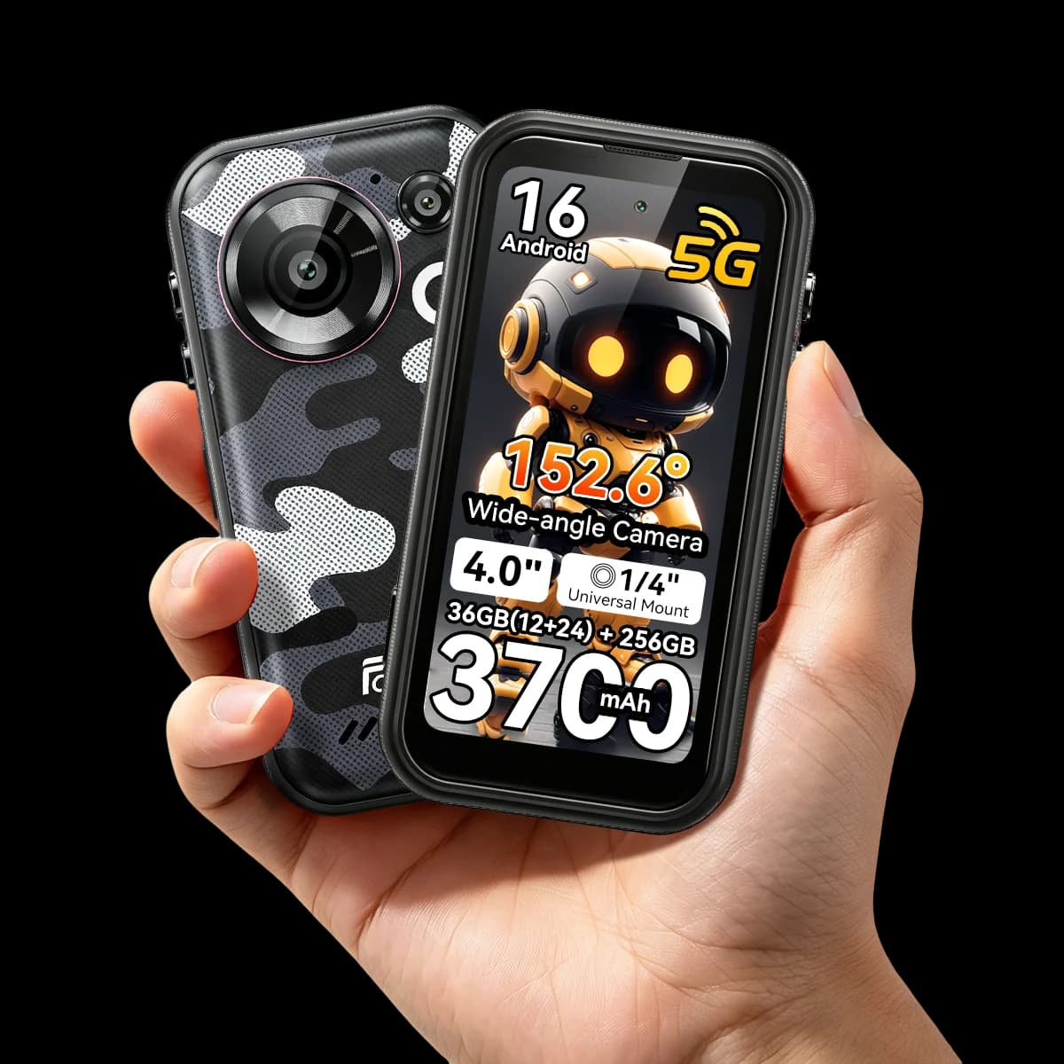 FOSSiBOT F116 Pro 5G Mini Rugged Phone Dimensity 7300, 36GB(12+24)+256GB, 4" HD Screen, 3700mAh 33W Charge, Android 16, 152.6° Wide Angle 50MP+48MP OIS+32MP, IP68, LED Light, One-Click Video, Fashion Business Outdoor Cell Phone