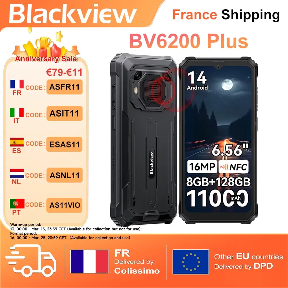 Blackview BV6200 Plus [No EU Charger] 32GB(8+24)+128GB 11000mAh Android 14 Mobile Phone 6.56" HD+ Screen 16MP NFC