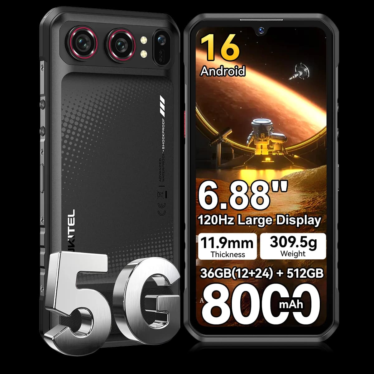 OUKITEL WP68 Air 5G Rugged Smartphone, Dimensity 7025, 36GB(12+24) RAM 512GB ROM, 8000mAh Silicon‑Carbon Battery 45W Fast Charging,6.88" 120Hz Display,64MP Camera,NFC,IP68 IP69K MIL‑STD‑810H,Android 16,Ultra‑Slim 11.9mm 309.5g Cyber‑Futuristic Design