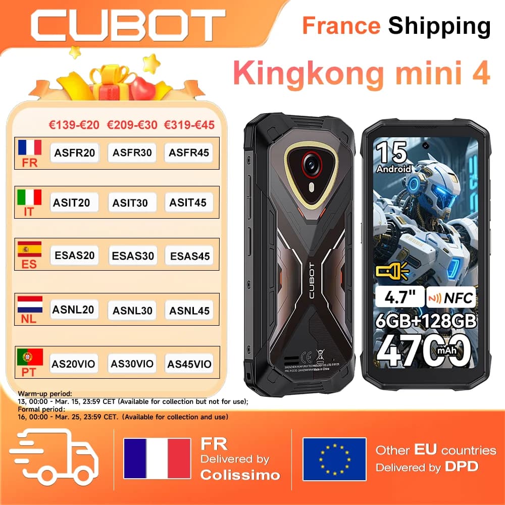 Cubot KingKong MINI 4 6GB+128GB 4.7″ Mini Mobile Phones 4700mAh Small Smartphone Android 15 NFC 48MP Camping Light