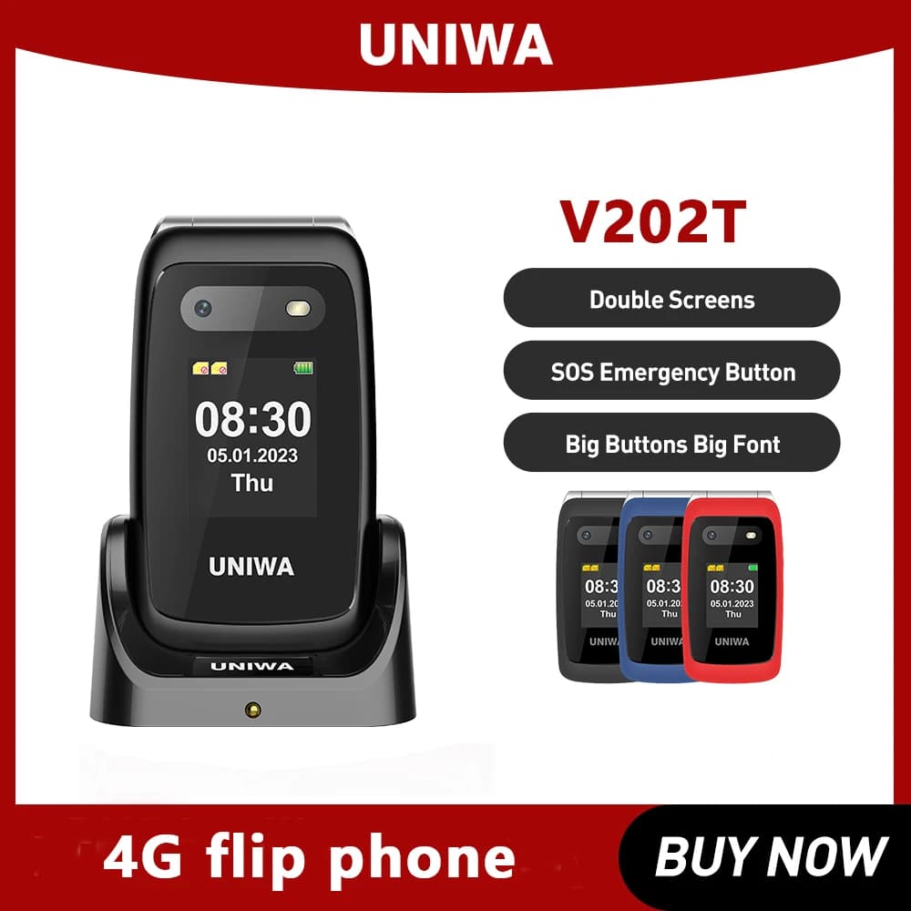 UNIWA V202T 4G Flip Senior Phone 2.4 Inch Dual Screen Emergency Call Button Feature Phone 1450mAh Big Push-Button For Elderly