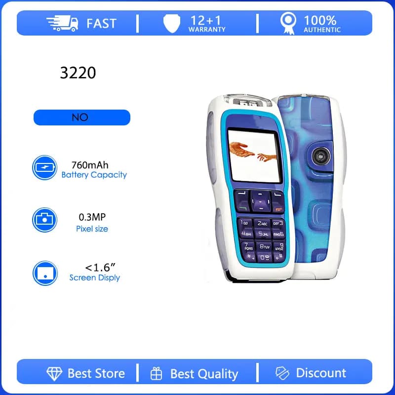 Refurbished Original 3220 2G Unlocked 0.3MP GSM 900/1800 Mobile Phone Russian Arabic Hebrew Keyboard Made in Finland