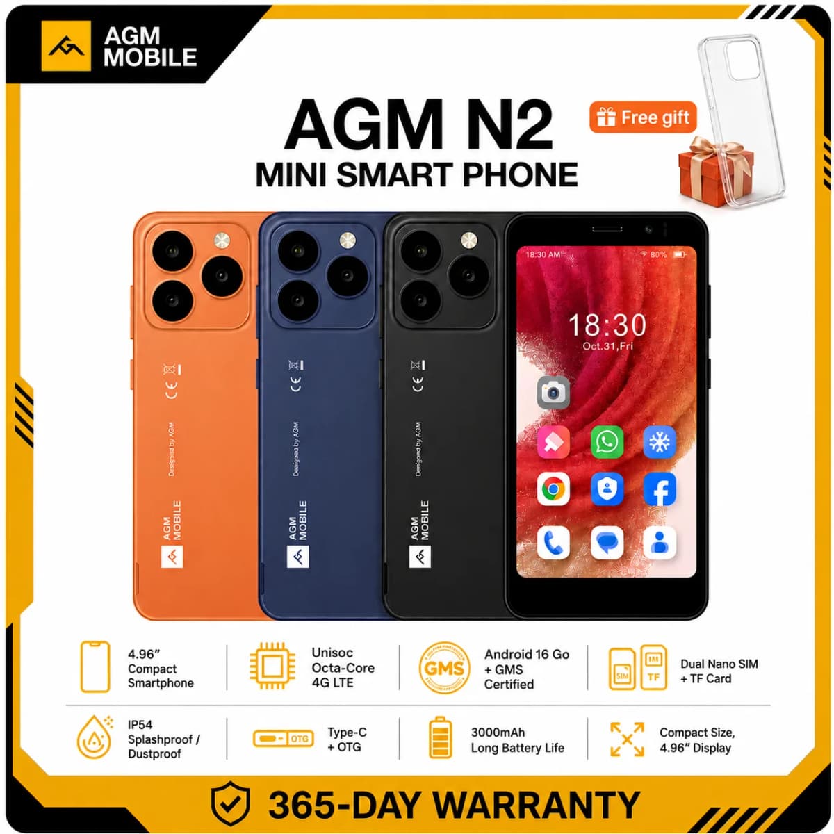 AGM N2 Mini Smartphone Compact Size 4.96 inch Display 3GB 32GB 3000mAh Removable Battery Android 16 GO System Lightweight Phone