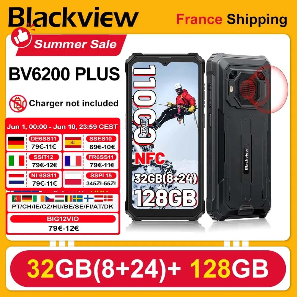 BLACKVIEW BV6200 Plus  [No EU Charger] Rugged Smartphone 32GB(8+24) + 128GB 11000mAh Android 15 Mobile Phone 6.56''90Hz NFC