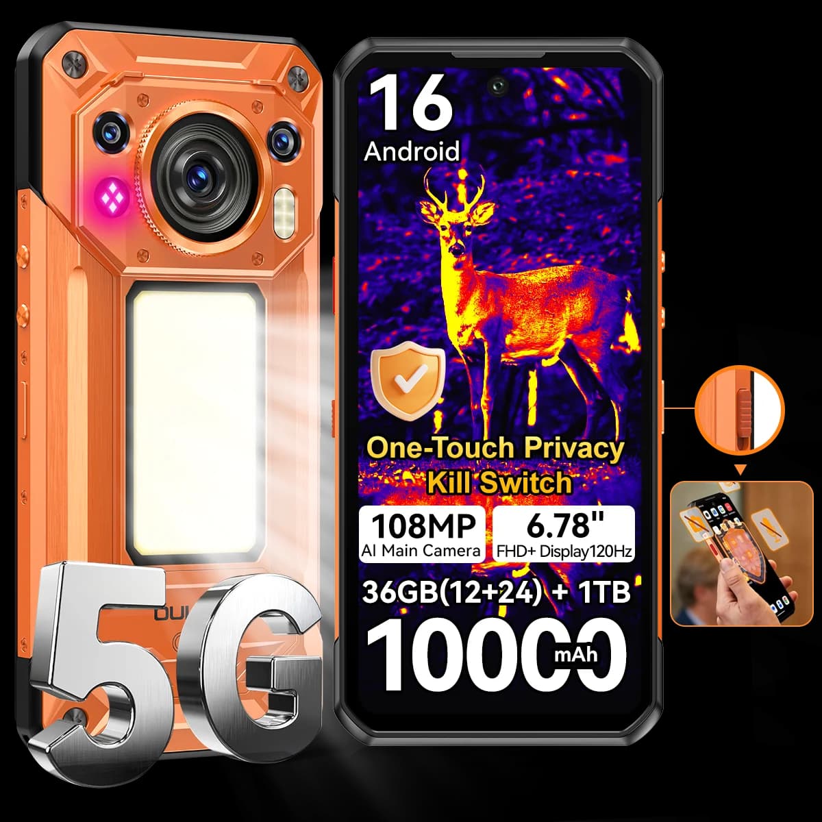 OUKITEL WP500 Ultra The World's First Al Thermal Rugged Phone with Privacy Kill Switch,6.78'' FHD+,MTK Dimensity 8300,36GB(12+24)RAM+1TB,10000mAh,45W,108MP,Ultra Bright Camping Light,One‑Touch Privacy Kill Switch,AI Thermal Imaging,Gemini AI,Android 16