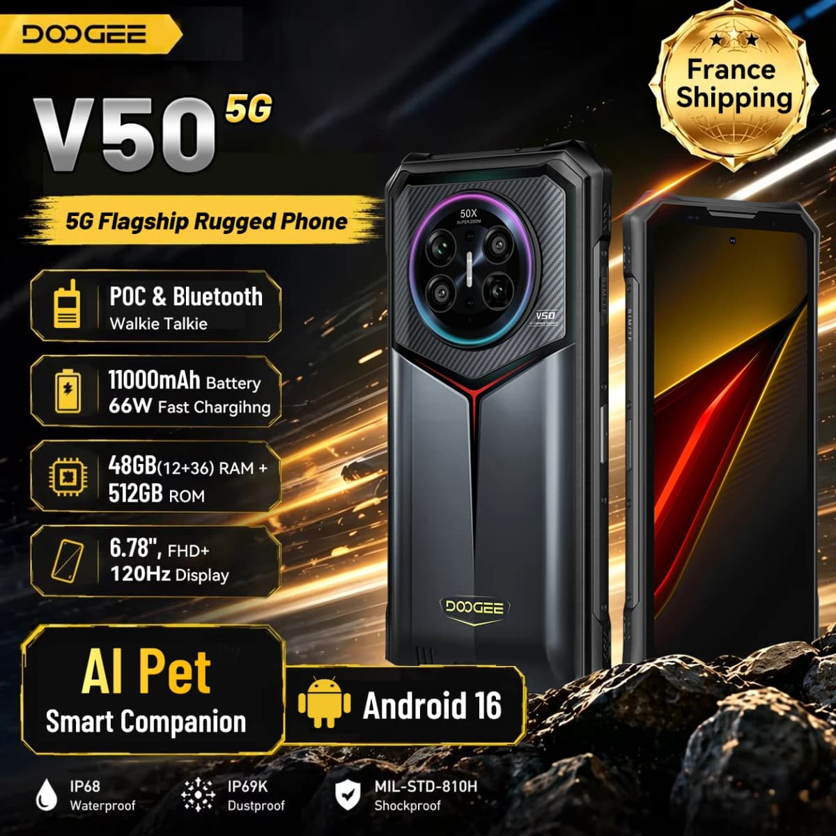 DOOGEE 5G V50 Flagship Rugged Smartphone, Dimensity 8300, 16GB+512GB, RGB Light, 200MP+20MP Night Vision+8MP Telephoto +8MP Wide Lens, Bluetooth Intercom, AI Features, 6.78" FHD 120Hz 550nit Screen, 66W, 11000mAh Silicon Carbon Battery, NFC, WiFi6E