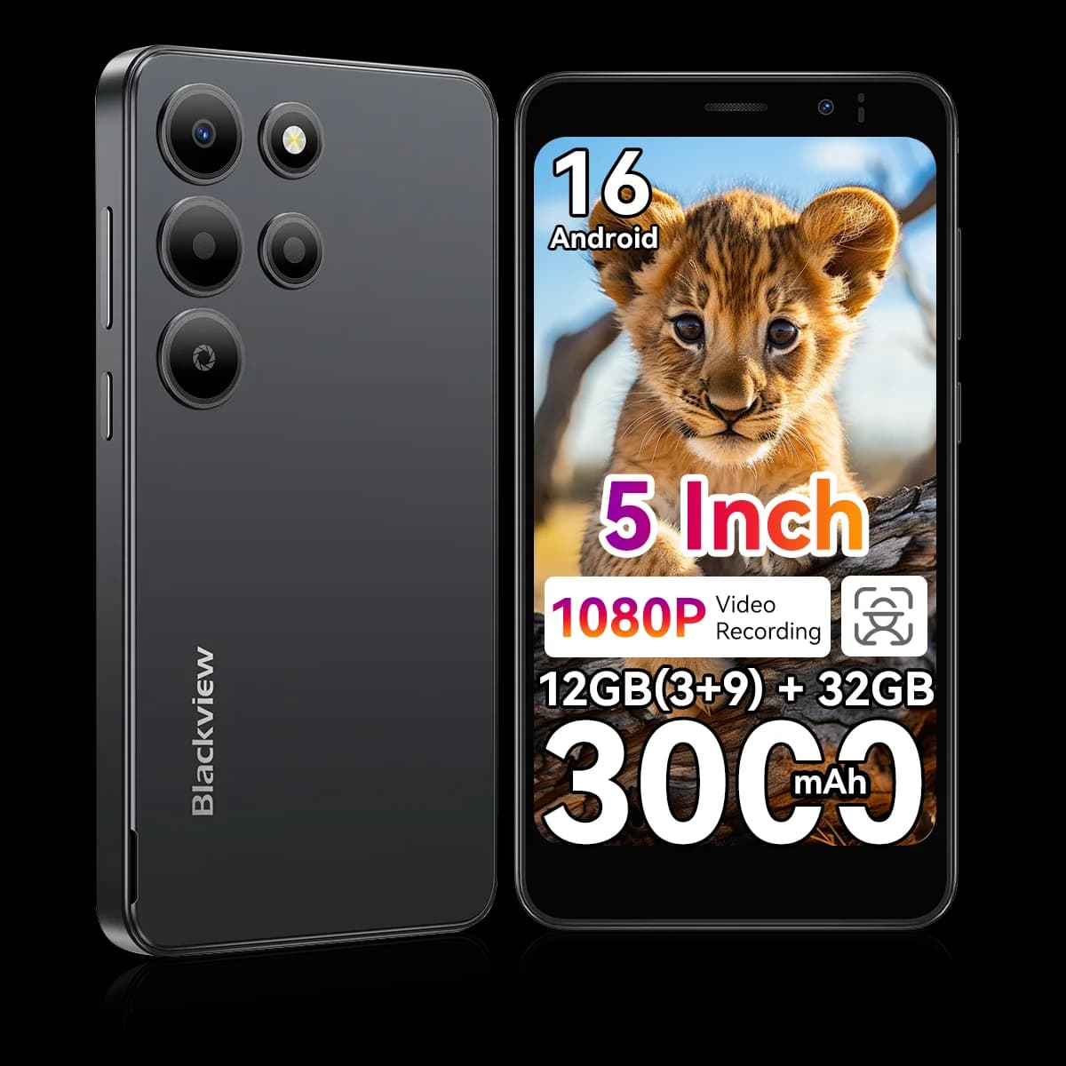 Blackview WAVE 2C Mini Palm Smartphone, 12GB Expand RAM(3GB Physical+9GB Virtual RAM) 32GB ROM, 5 Inch Small Screen, 1080P Video Recording, Android 16, Face Unlock, 3000mAh Battery, Google Lens, Free Soft TPU Protective Case
