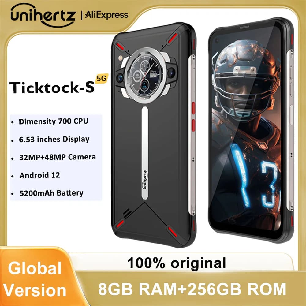 Unihertz Ticktock-S Slim Rugged 5G Smartphone 8GB 256GB Cell Phone 5200mAh Dual Screen Mobile Phone 64MP Camera Dimensity 700