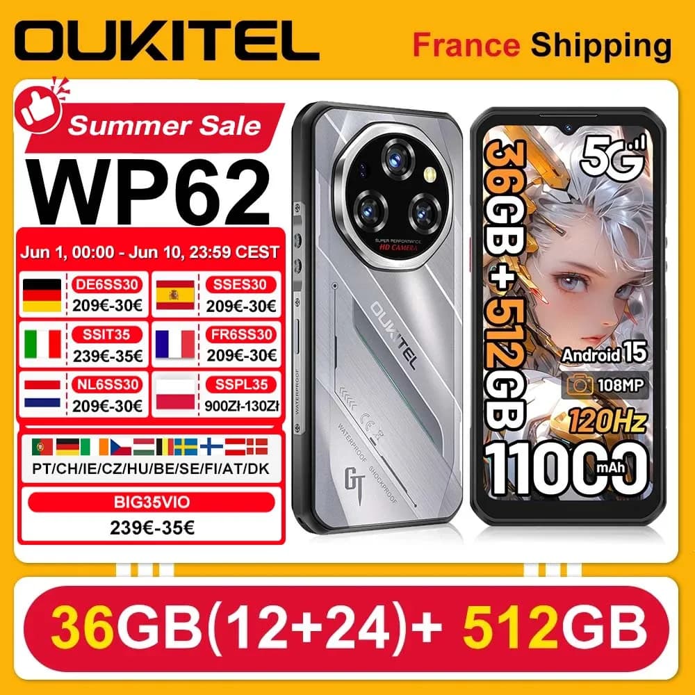 OUKITEL WP62 Rugged Smartphone Android 15 36GB(12+24) RAM 512GB ROM 11000mAh 33W 6.6'' FHD+ Display 108MP NFC Mobile Phone