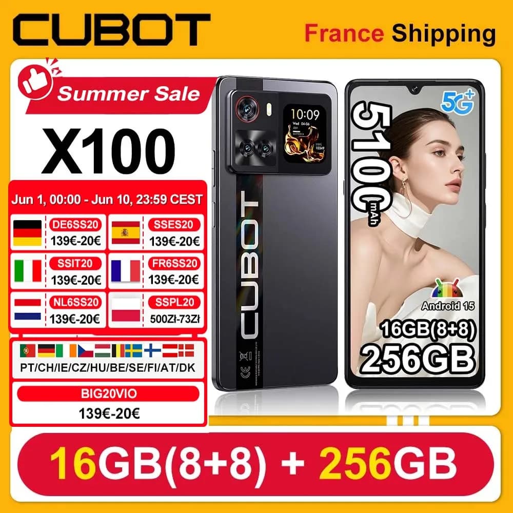 Cubot X100 Android 15 Dimensity 7025 5G Smartphone 6.88" 120Hz, 16GB(8+8) RAM 256GB ROM 64MP Camera 5100mAh 33W NFC Mobile Phone