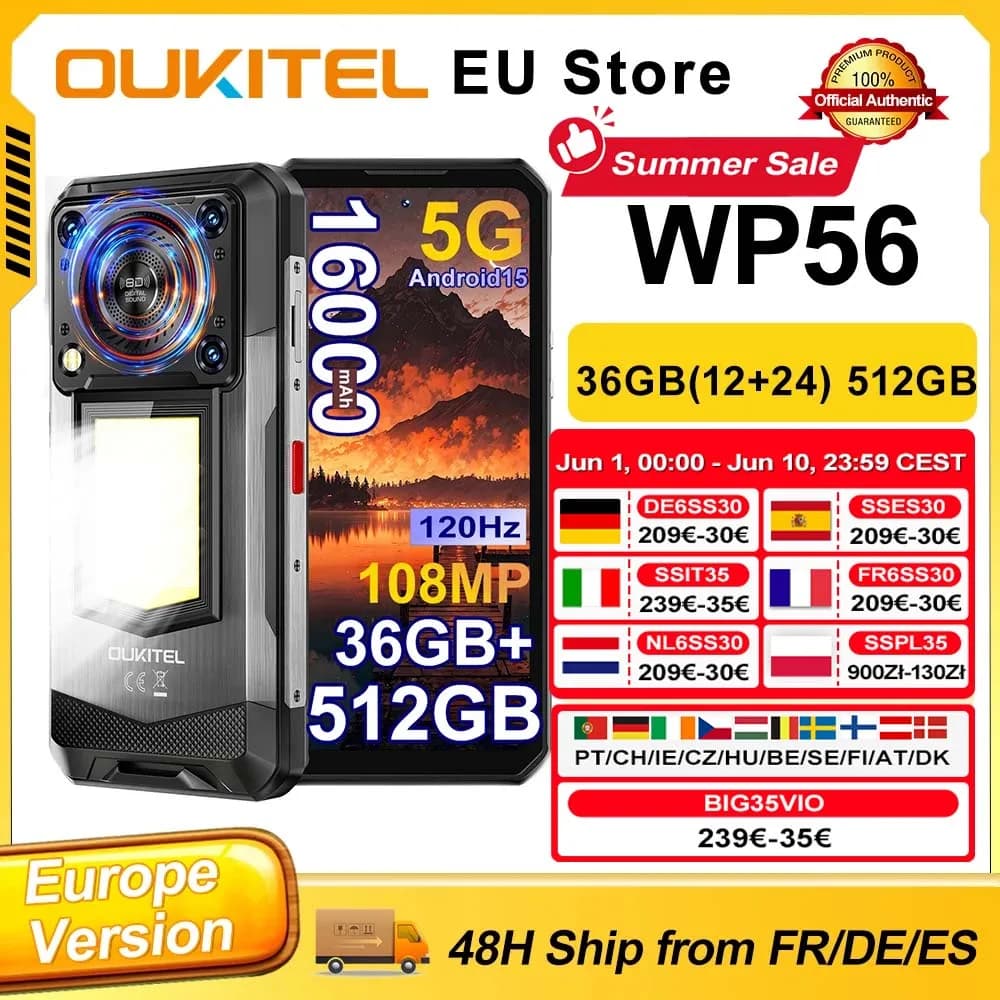 OUKITEL WP56 Android 15 Smartphone 36GB(12+24) 512GB 16000mAh 45W Camping Light 6.8“ FHD 120Hz 128dB Speaker 108MP 5G Cellphone
