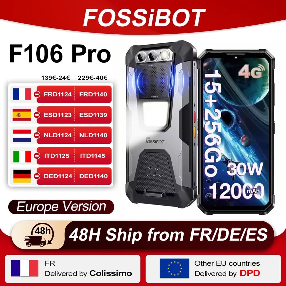 FOSSiBOT F106 Pro 15GB(8 + 7) RAM 256GB ROM Smartphone 12000mAh 30W Charging 6,58 "FHD+ Android 14 Loud Speaker Camping Light