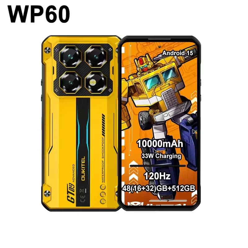 Oukitel WP60 Rugged Phone 48GB(16+32) +512GB 108MP Camera Side Fingerprint 7.2” Display Android 15 MTK 7025 NFC 5G Smartphone