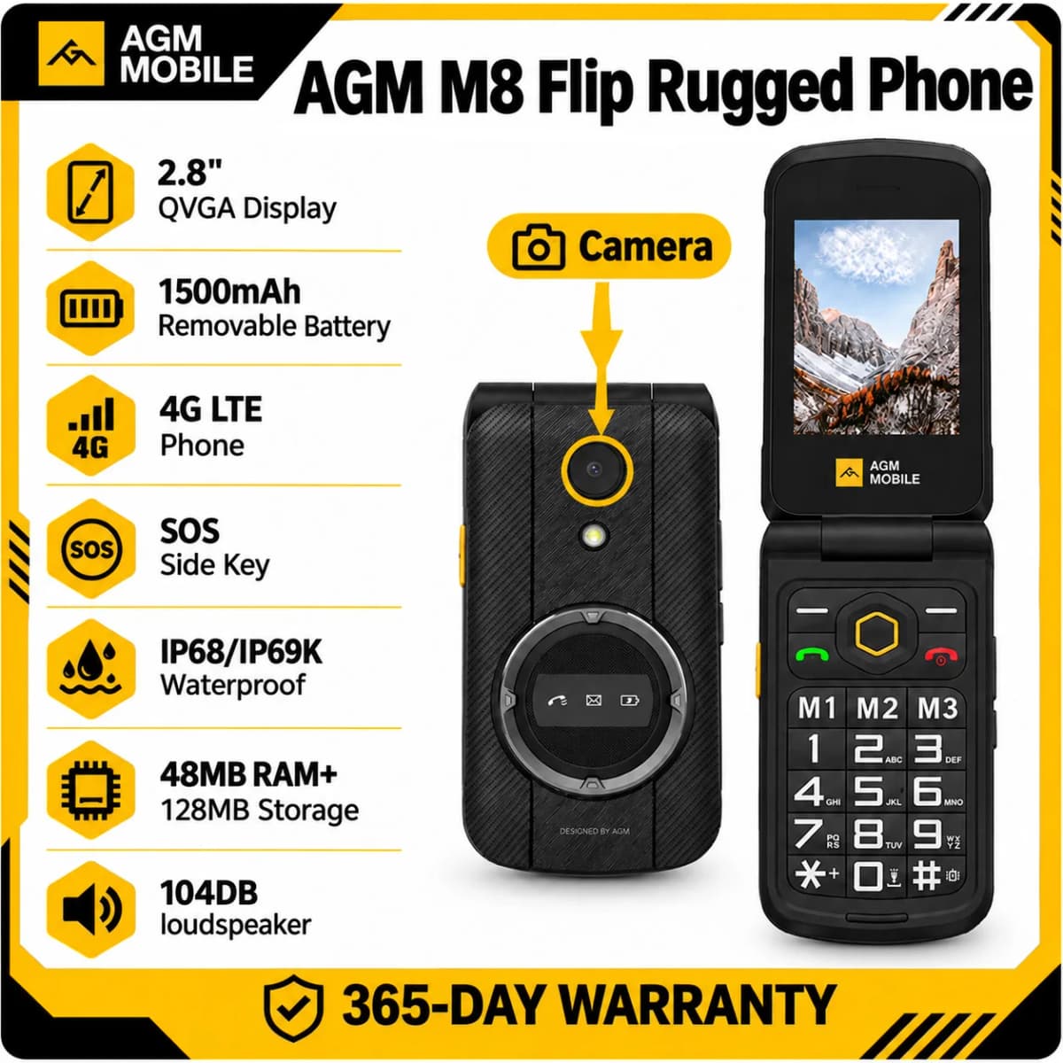 AGM M8 Flip 4G Rugged Phone Elderly Feature Cellphone SOS Quick Call Big Letters With English And Russian Keyboard
