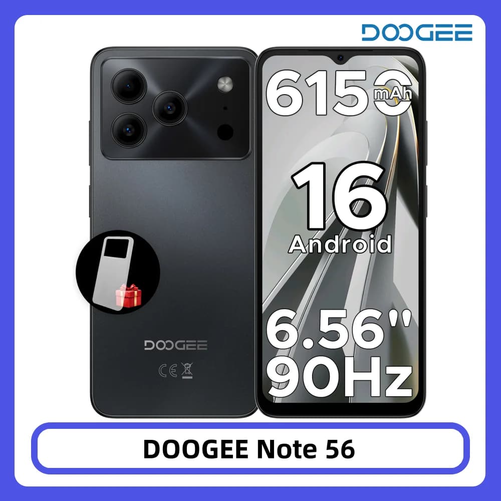 DOOGEE Note 56 Smartphone Android 16 6150mAh Large Battery 6.56" 90Hz Display 24GB 64GB 8MP+5MP Face Unlock Cell Phone
