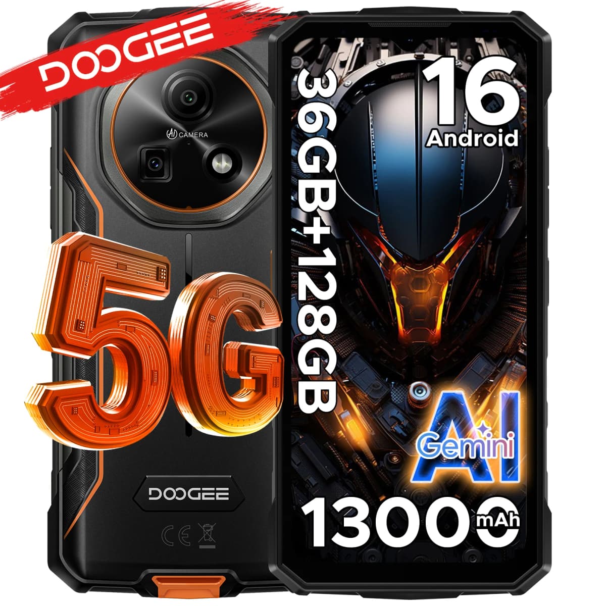 Phone robust DOOGEE Fire 7 5G Gemini AI 36Go (6 + 30) 128 Go battery mAh dimension Smartphone
