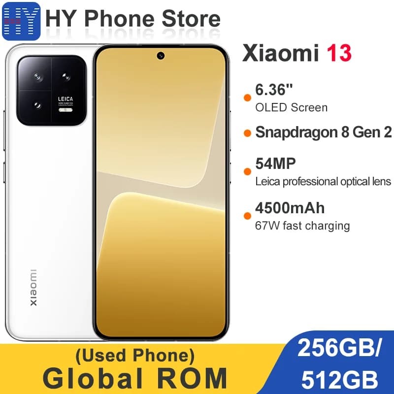 Global ROM Xiaomi 13 256GB/512GB 54MP+32MP Camera Snapdragon 8 Gen 2 67W 4500mAh Battery 6.36" OLED Screen (Used)