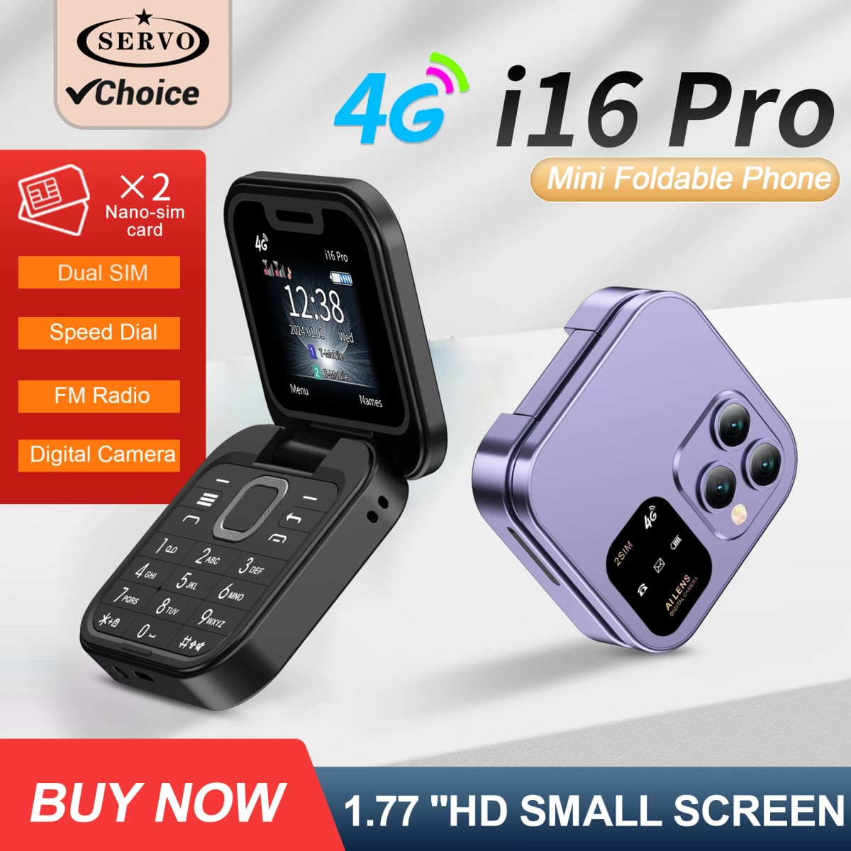 SERVO I16 PRO 4G LTE Foldable Mini Mobile Phone 2 SIM Speed Dial Call Recording Flashlight 1.77'' Screen Flip Cellphone Blacklis