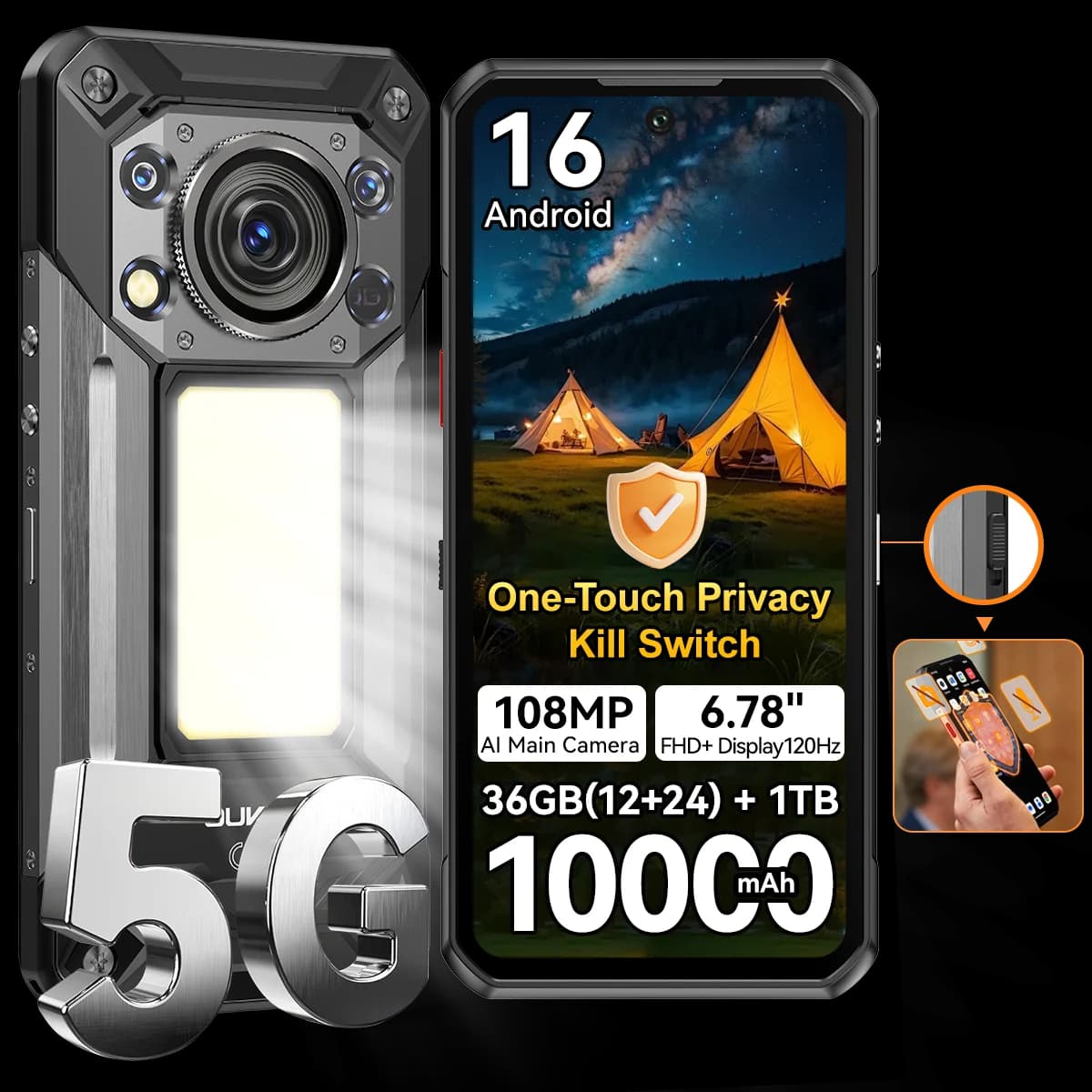 OUKITEL WP500 5G Rugged Smartphone, 6.78'' FHD+ Display, 36GB RAM(12GB +24GB ) + 1TB Storage, 10000mAh Large Battery, Ultra Bright Camping Light, 108MP Main Camera, Android 16, One-Touch Privacy Kill Switch, 45W, Gemini AI Industrial Outdoor Mobile Phone