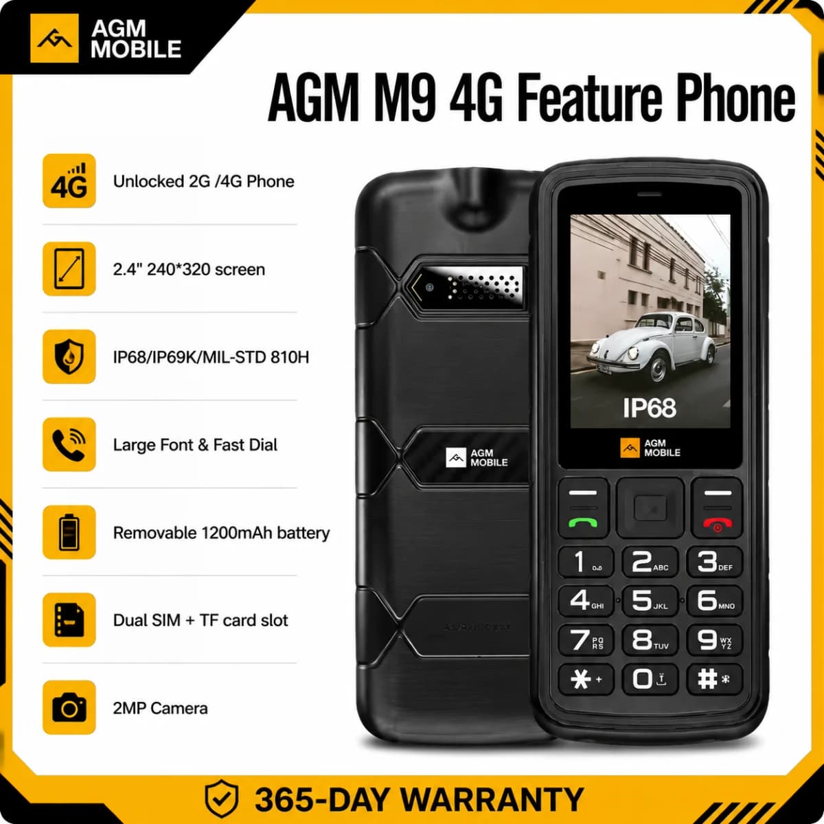 AGM M9 4G Feature Phone 2.4" Screen Russian Or English Keyboard Dual SIM Large Button Big Battery Elderly Waterproof Cellphone