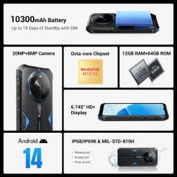 FOSSiBOT F105 Rugged Smartphone 12(4+8)GB+64GB 10300mAh Android 14 OS Mobile Phone 20 MP Camera 6.745" HD+ IPS Phone