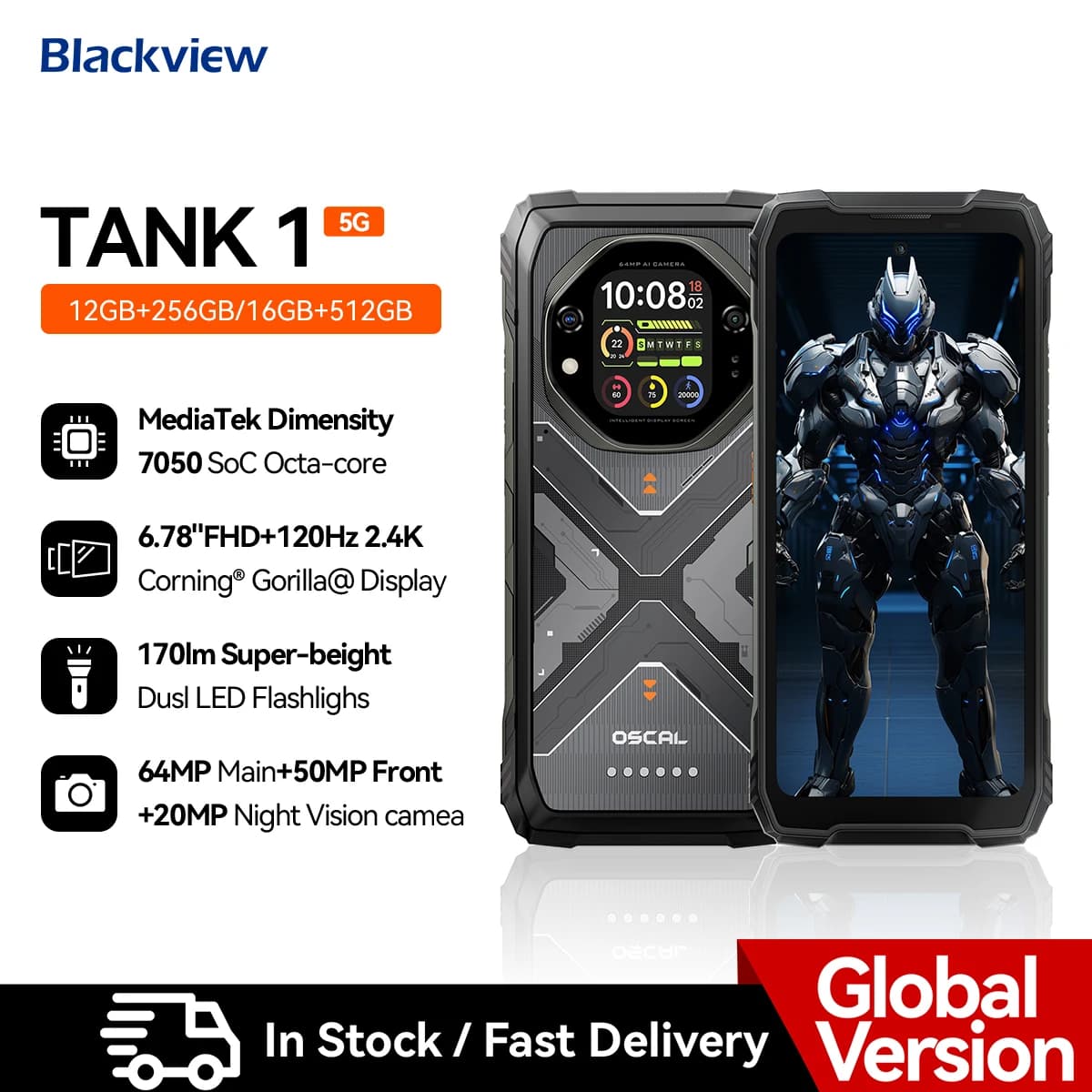 Blackview OSCAL TANK 1 5G Rugged Smartphone,20000mAh/55W, 6,78" FHD+ 120Hz Display, MTK7050,Android Camera,IP68/IP69K/GPS/NFC