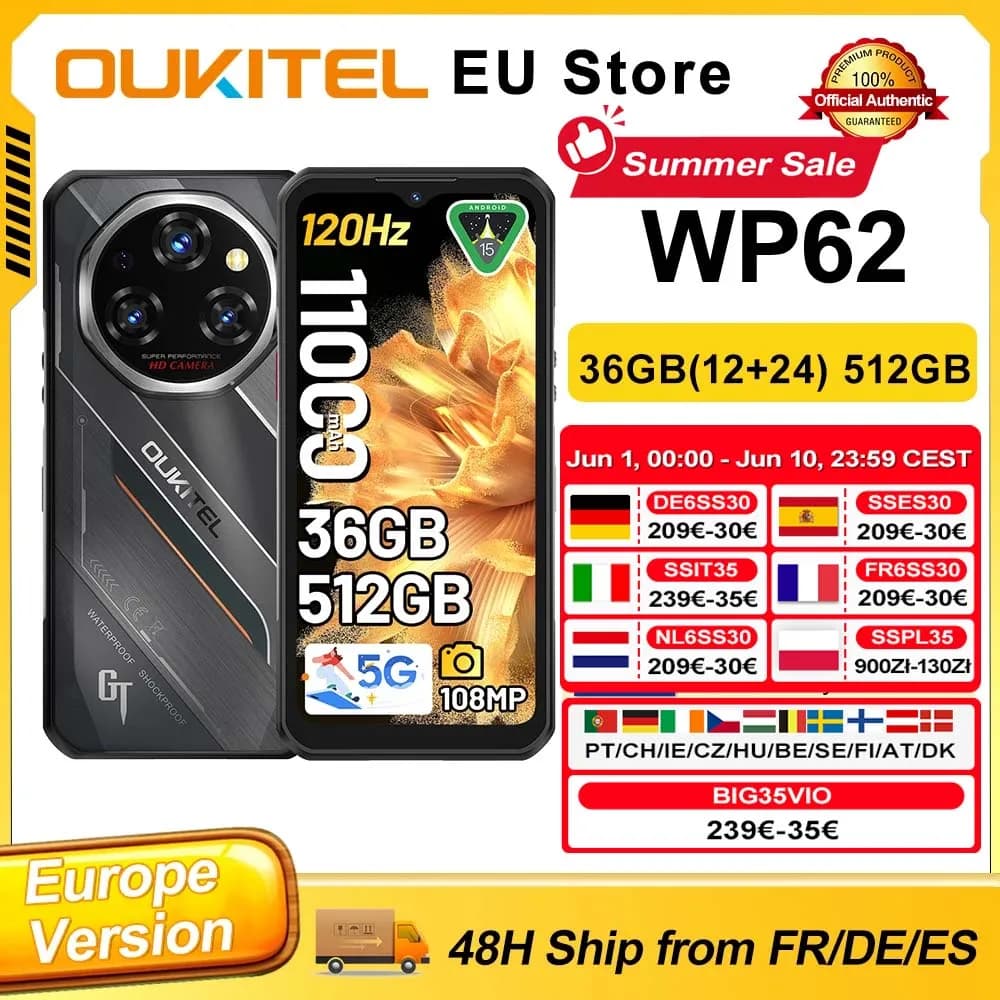 OUKITEL WP62 Android 15 Rugged Smartphone 36GB(12+24) RAM 512GB ROM 6.6'' FHD+ Display 108MP 11000mAh 33W NFC Mobile Phone