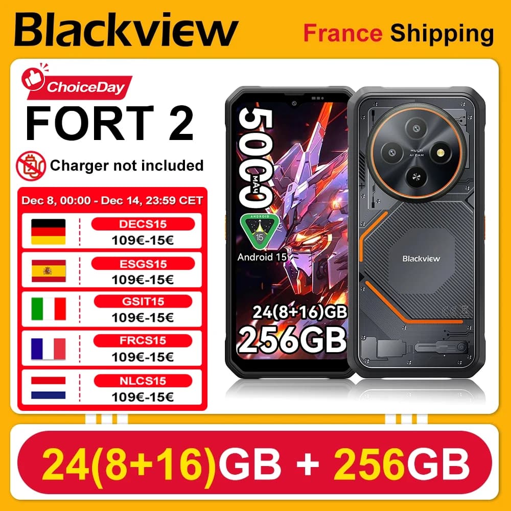 Blackview FORT 2 [No EU Charger] Rugged Smartphone 24(8+16)GB+256GB 5000mAh 18W Android 15  6.56'' HD+ IPS NFC/GPS  Dual SIM