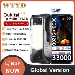 OUKITEL WP100 Titan 5G Rugged Phone 36GB+512GB 33000mAh 66W Charging 200MP 6.8'' Android 14 Projector Camping Light Smartphone