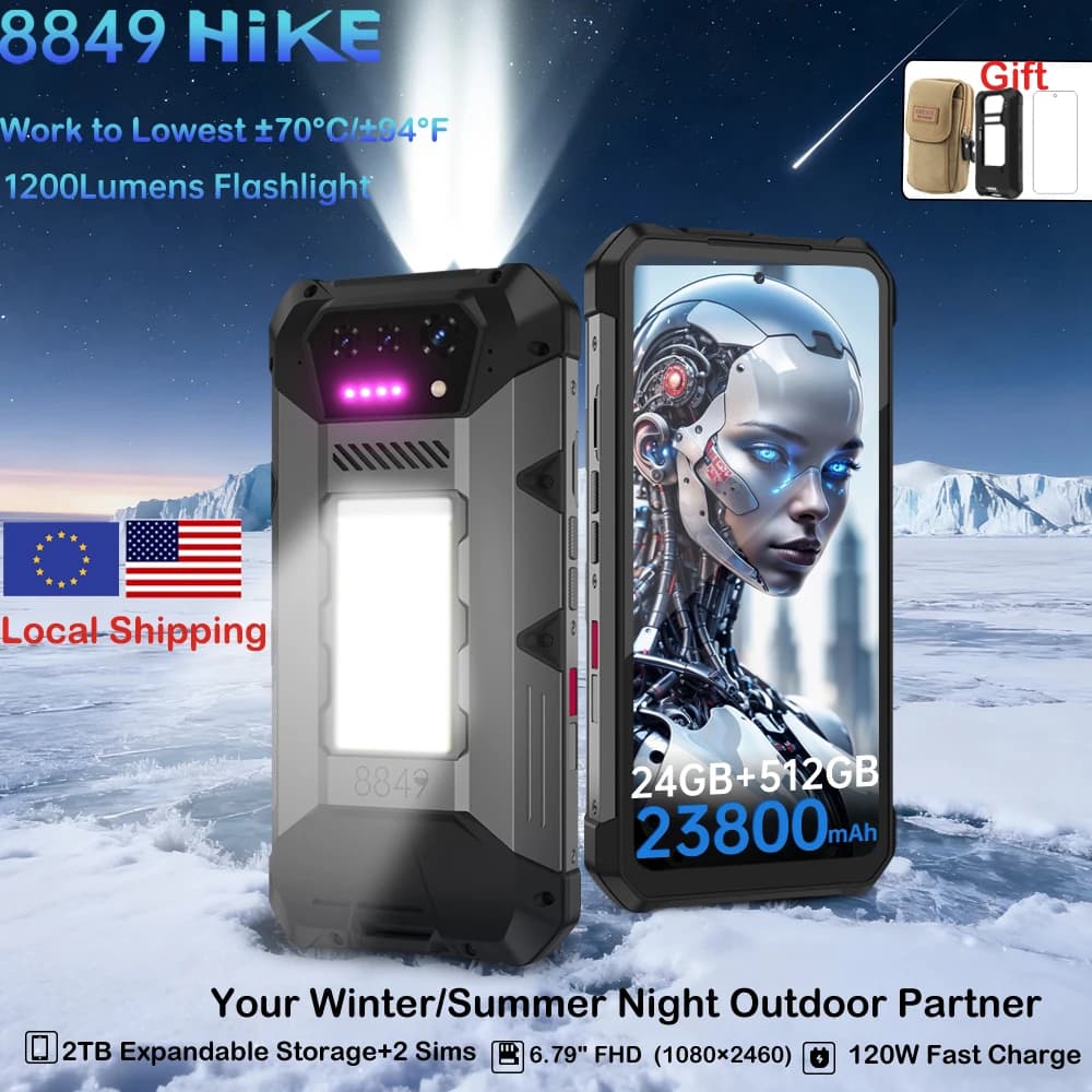 8849 Hike Unihertz Rugged Smartphone 23800mAh 24GB+512GB Expandable 2TB 1200Lumen Flashlight Android14 Two Speakers 6.79'' 120Hz
