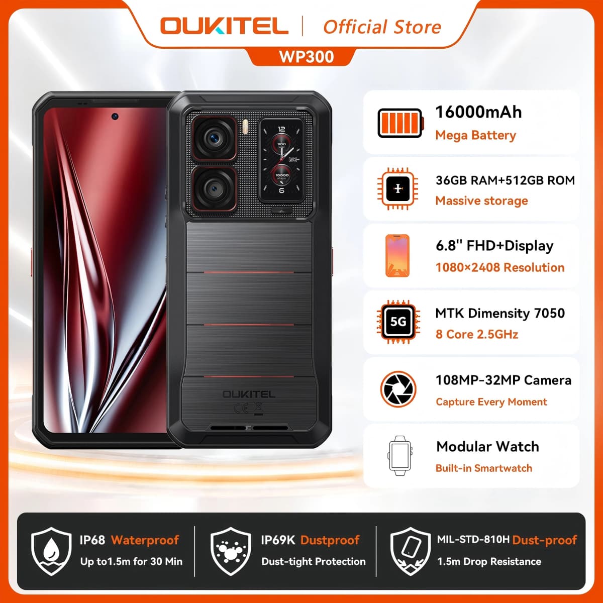 Oukitel WP300 Rugged Phone 16000mAh 36GB(12+24)GB+512GB Modular Detachable Earbud/camping Light 6.78' FHD 120Hz 108MP Cell Phone