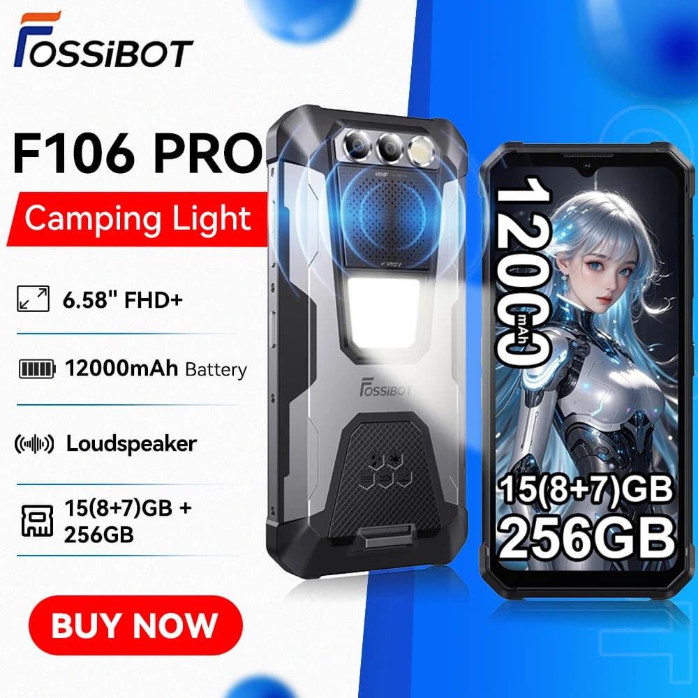 FOSSiBOT F106 Pro Rugged Smartphone 8GB RAM 256GB ROM 12000mAh 6.58” Display Android 14 Loud Speaker Camping Light Cellphone
