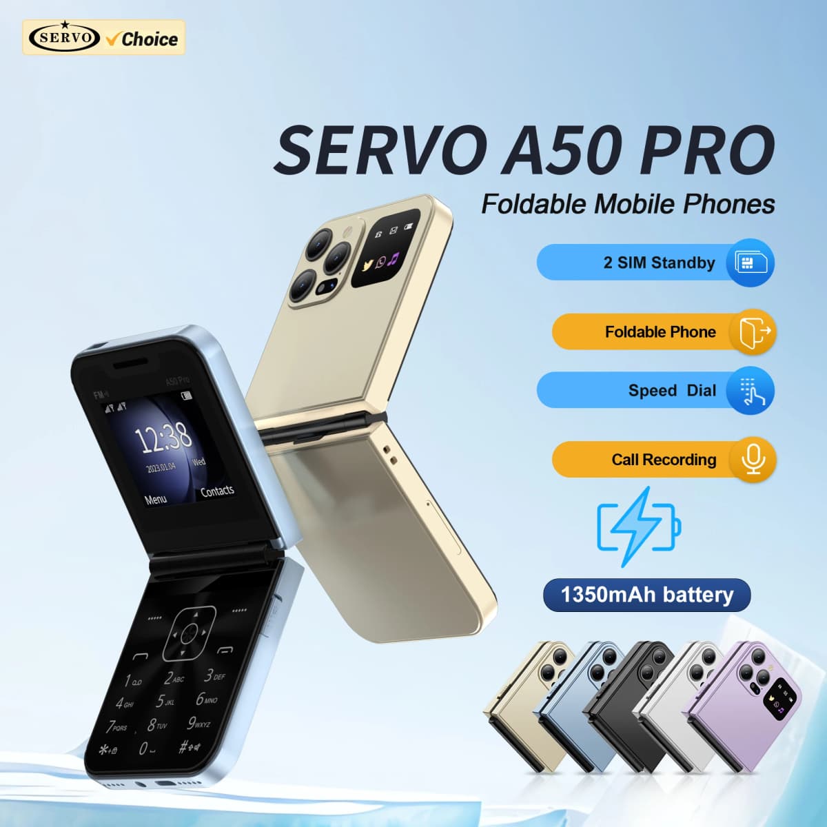 SERVO A50 PRO Flip Mobile Phone 2G GSM Dual Sim Cards Call Recording Blacklist MP3 FM Radio 2.4" Foldable Cellphones Flashlight
