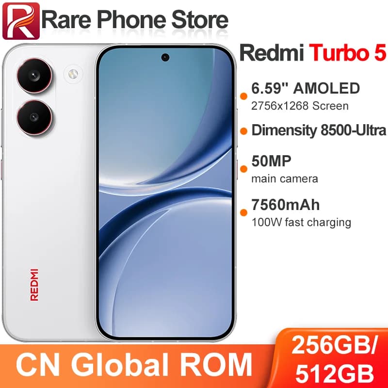 CN Global ROM Redmi Turbo 5 256GB/512GB 6.59" AMOLED Screen Dimensity 8500-Ultra 100W 7560mAh Battery 50MP+20MP Camera