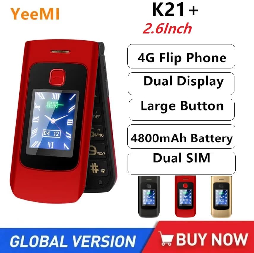 YeeMI K21+ Rugged 4G Feature Phone Big Button 2.6Inch Screen Flip Phone Dual SIM Dual Screen Cellphone 6800mAh Battery Full Band