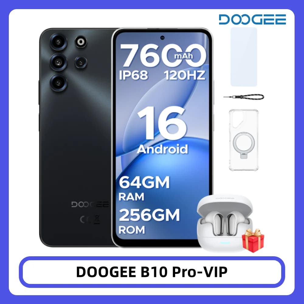 DOOGEE B10 Pro Smartphone 64GB+256GB 6.63” FHD 120Hz Display IP68 Helio G100 7600mAh Battery 64MP Camera Android 16 NFC