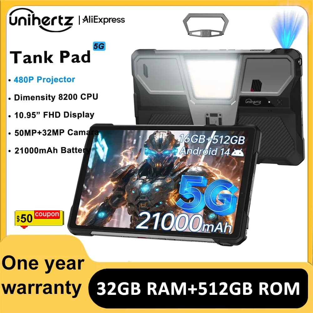 Unihertz Tank PAD 8849 Rugged Projector Phone Tablet Android 32GB 512GB 21000mAh 10.95" FHD Dual Speaker Waterproof Tablet
