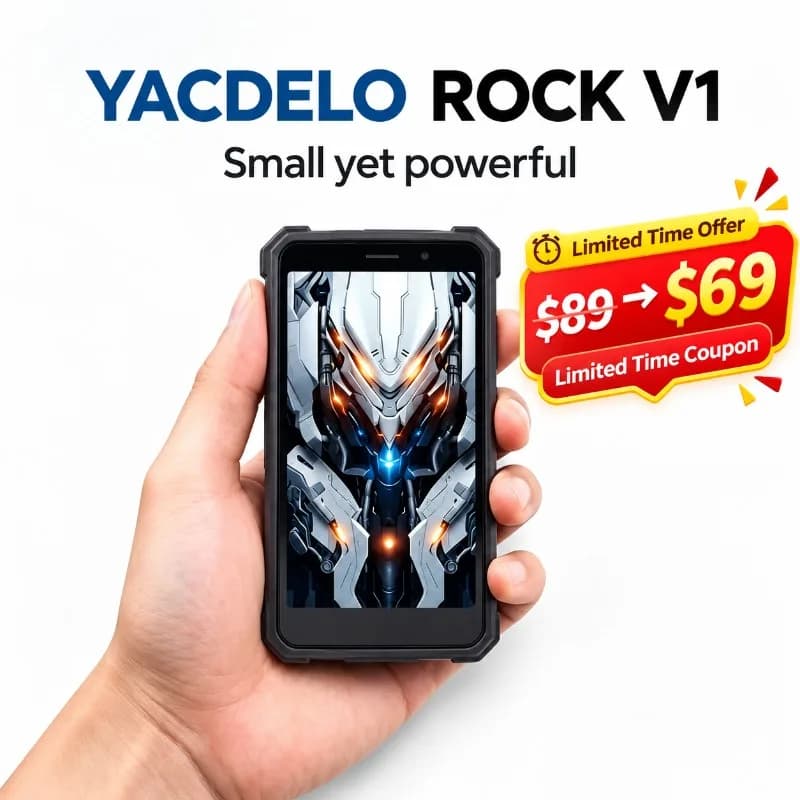 YACDELO ROCK V1 Mini Smartphone Compact Size 4.96' Display 3GB 32GB Removable 3000mAh Battery Android 16 GO Light Weight Phone
