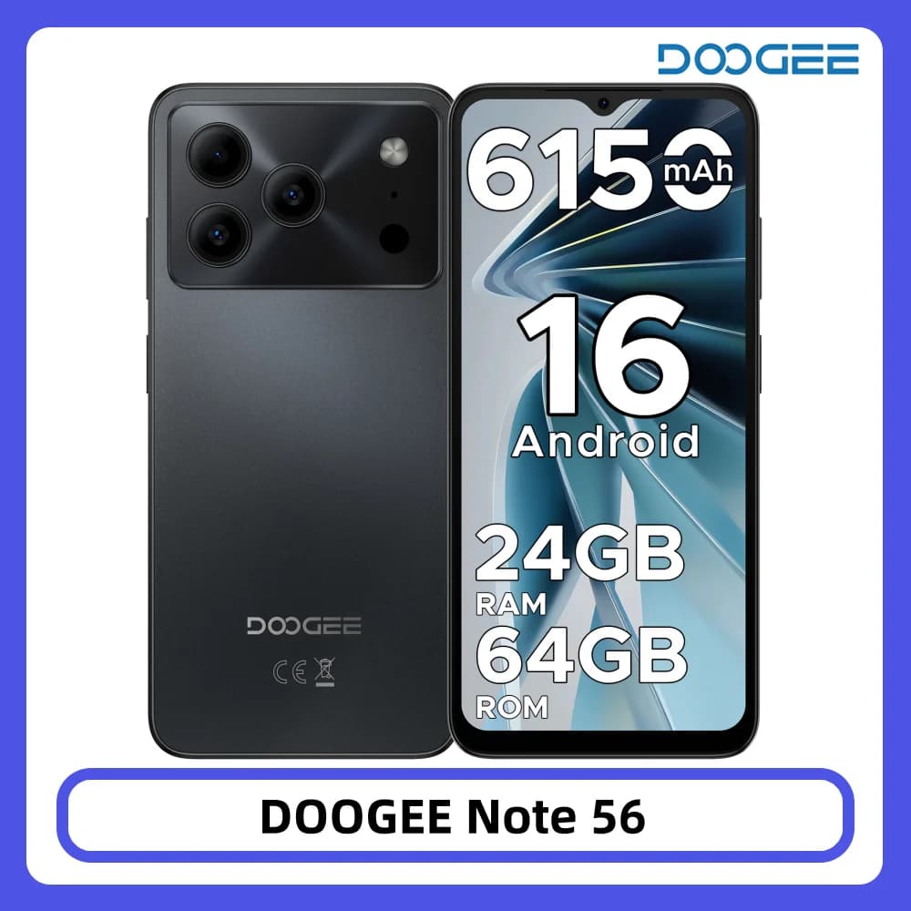 DOOGEE Note 56 Smartphone Android 16 6150mAh Large Battery 6.56'' 90Hz Display 24GB 64GB 8MP+5MP Face Unlock Mobile Phone