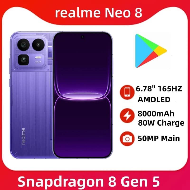 Unlocked New realme Neo 8 Mobile Phone 6.78'' 165Hz AMOLED Screen 8000mAh Battery 80W SuperCharge 50MP Main Camera Google Play