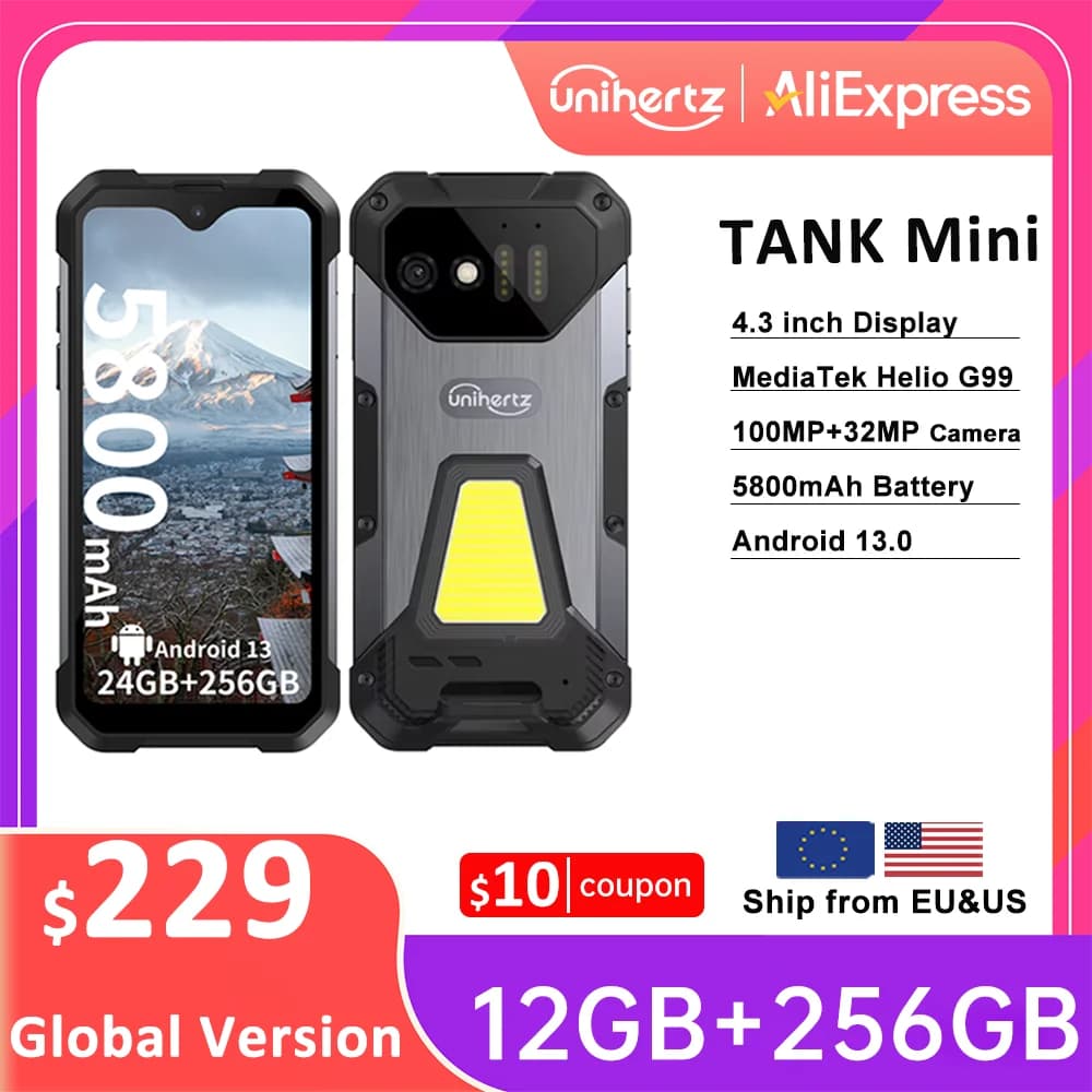 Unihertz 8849 Tank Mini1 Rugged Mini Phone 4.3" Display Android 13, Helio G99 Octa Core, 16GB 256GB, 100MP Cameras, 5800mAh,IP68