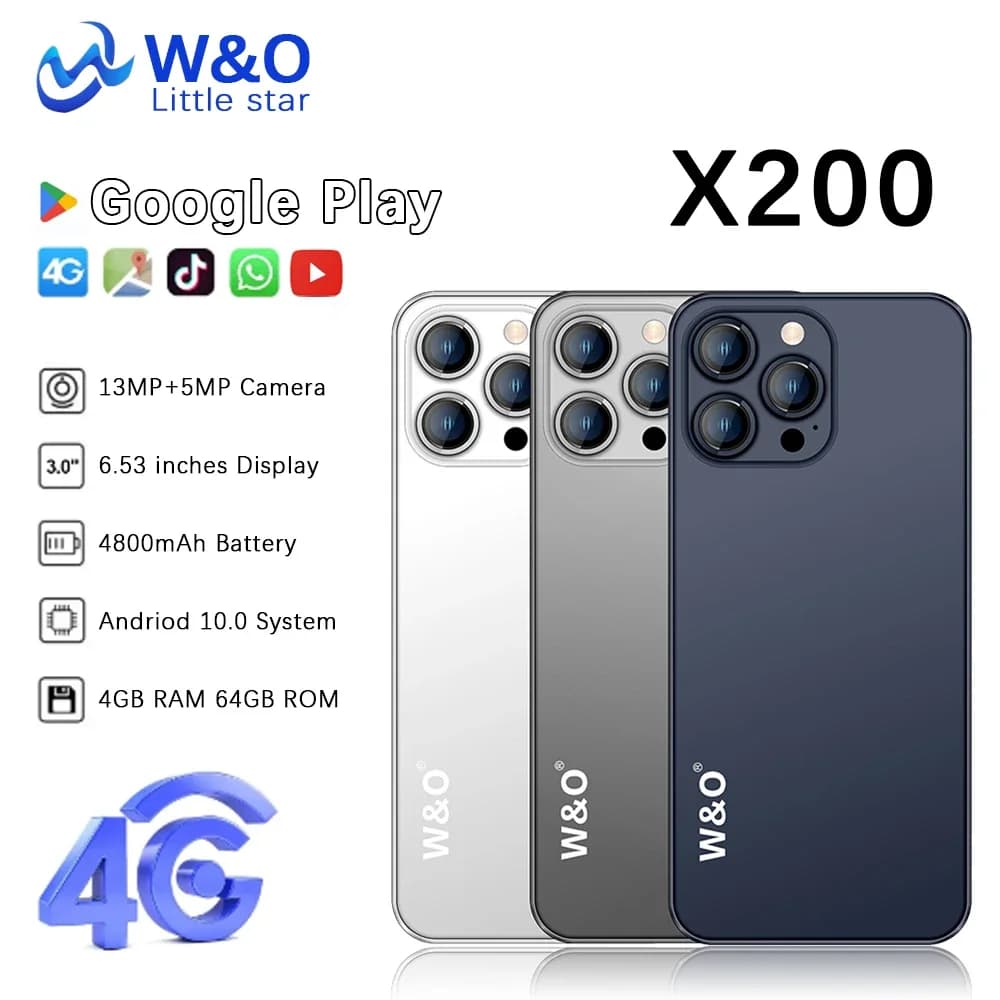 W&O X200 4G Smartphone Android 4GB RAM+64GB ROM Mobile Phone 6.53 Inch Dual SIM 4800mAh Battrey 5+13MP Camera Cell Phone on Sale