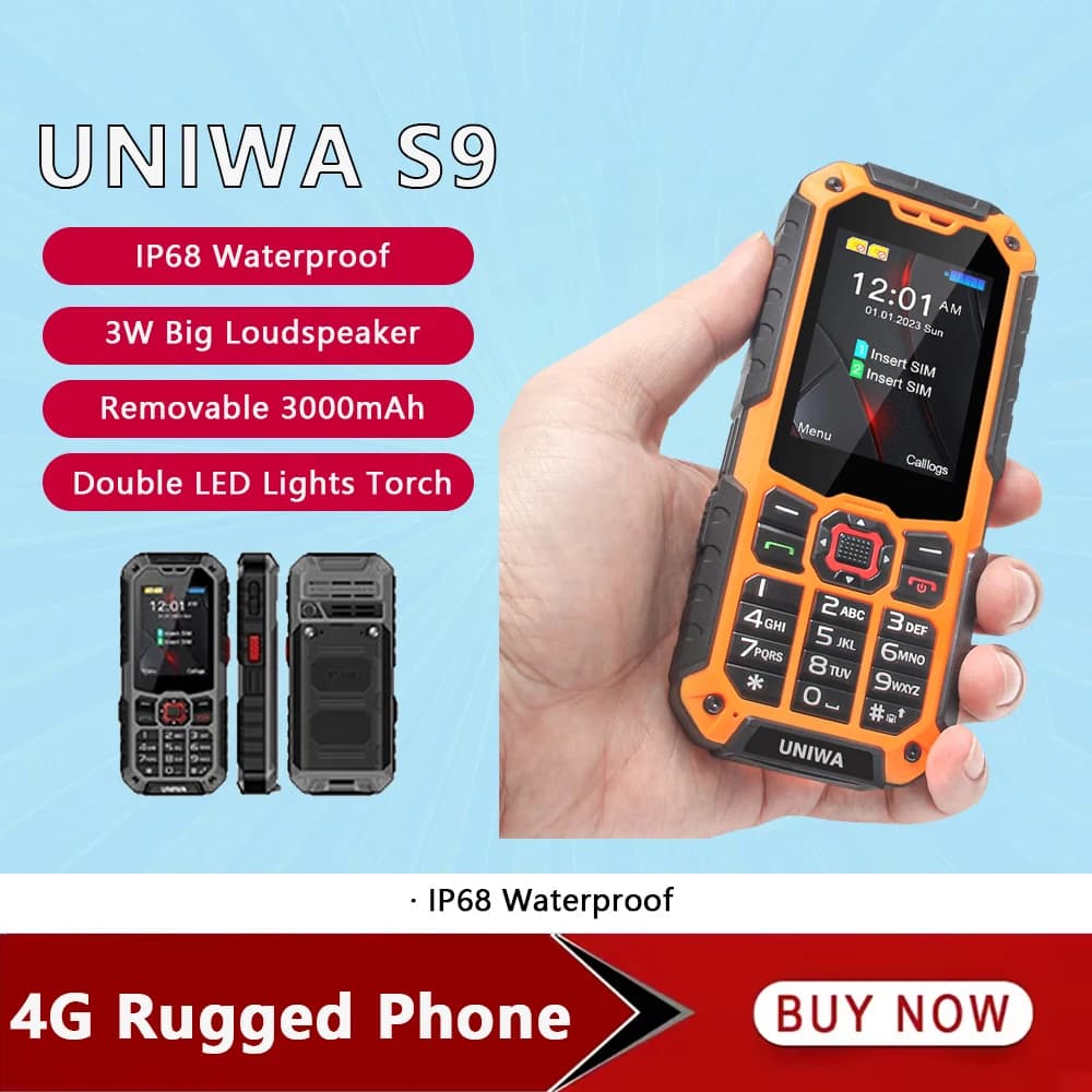 UNIWA S9 4G Feature Phone 2.4 Inch IP68 Waterproof SOS button 3W Big Loudspeaker LED Light 3000mAh Rugged Cell Phones Low Price