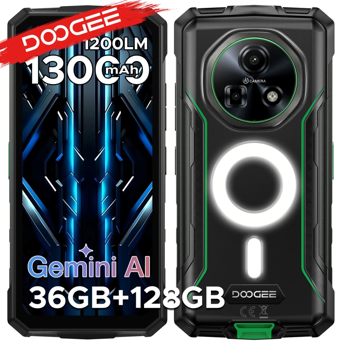 DOOGEE Fire 5 Ultra Dual Camping Lights 6.6" Rugged Phone 13000mAh Battery 36GB RAM (6+30) 128GB ROM Google Pay NFC Helio G81 Smart Phone