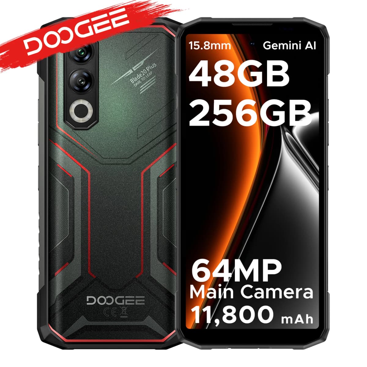 DOOGEE Blade20 Plus Rugged Smart Phone Helio G100 11800mAh Battery 48GB RAM(6+42) 256GB ROM Android 16 64MP AI Main Camera NFC Widevine L1 Support Mobile Phones