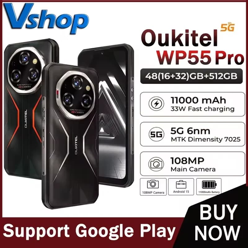 Oukitel WP55 Pro 5G Rugged Phone 16GB+512GB 108MP Camera 11000mAh 33W Android 15 MediaTek Dimensity 7025 NFC 6.6" Smartphone
