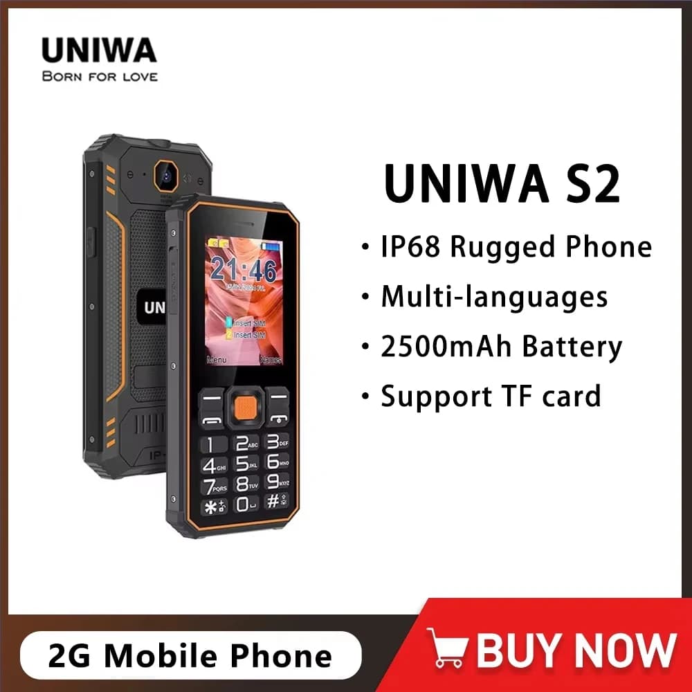 UNIWA S2 Feature Phone IP68 Waterproof Keypad Mobile Phone 2.4 Inch Dual SIM 2500mAh Big Battery 0.3MP Flashlight